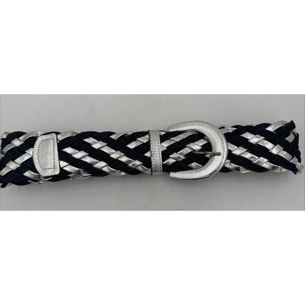 Vintage Astor Denim And Silver And Blue Jean‎ Denim Wide Woven Belt NOS Sz M-L